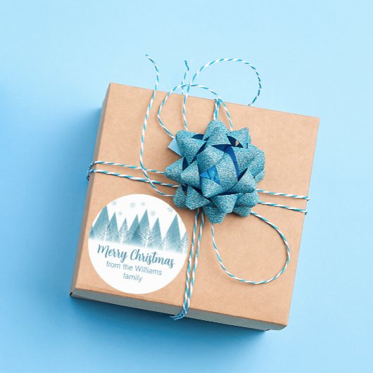 Elegante Winter Trees Custom Blue Frohe Weihnachte Runder Aufkleber