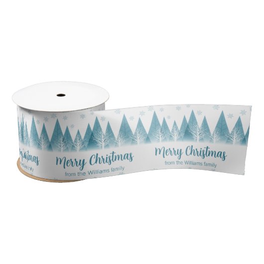 Elegante Winter Trees Custom Blue Frohe Weihnachte Satinband (Spule)