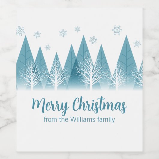 Elegante Winter Trees Custom Blue Frohe Weihnachte Weinetikett (Einzelnes Label)