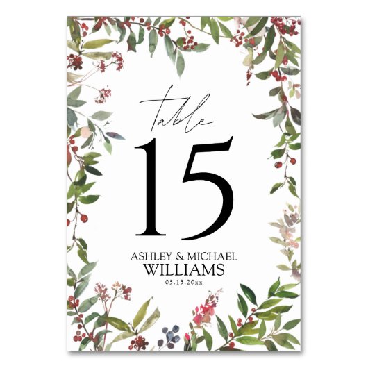 Elegante Winter Wildblume Berry Empfang Tischnummer (Vorderseite)