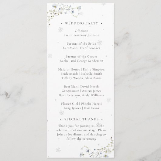Elegante Winter-Wildblumen Hochzeit Programm (Rückseite)