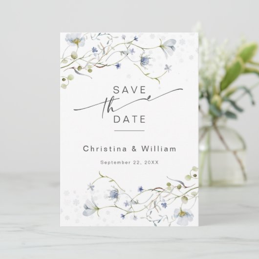 Elegante Winter-Wildblumen Hochzeit Save The Date (Stehend Vorderseite)