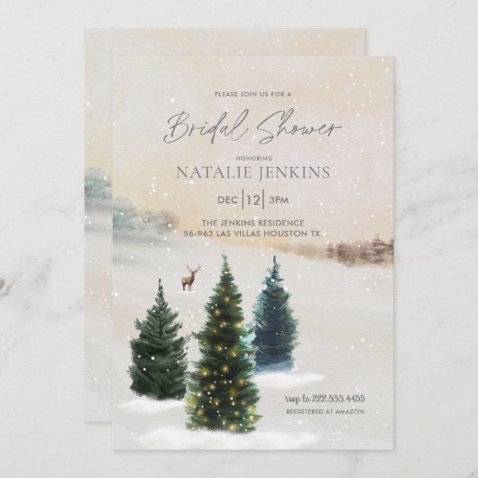 Elegante Winter Woodland Bridal Dusche Einladung (Vorne/Hinten)