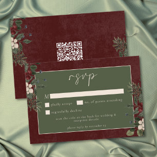 Elegante Winterbeeren & Kiefer Burgunder Hochzeit RSVP Karte