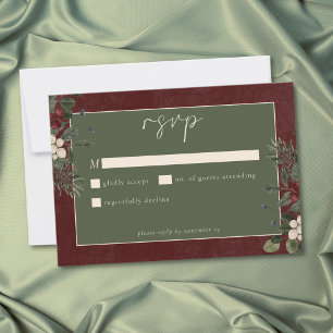 Elegante Winterbeeren & Kiefer Burgunder Hochzeit RSVP Karte
