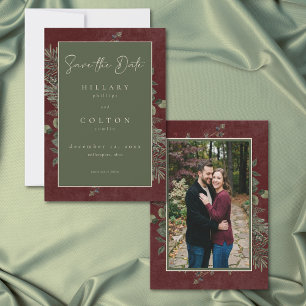 Elegante Winterbeeren-Kiefer-Burgunder-Hochzeitsfo Save The Date