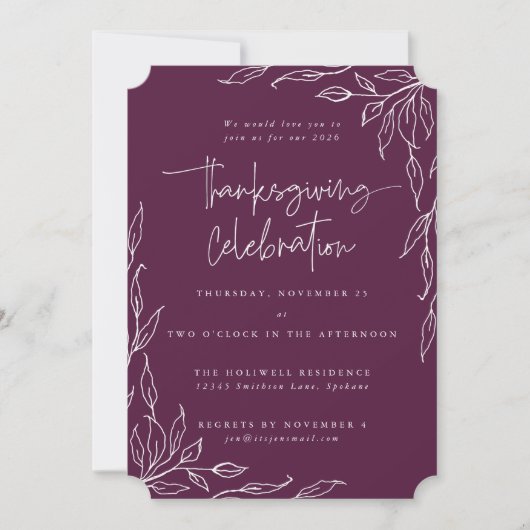 Elegante Winterberry Modern Leaf Motif Erntedank Einladung (Vorderseite)