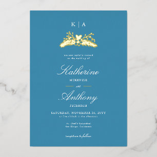 Elegante Winterblaue Goldherz-Monogramm-Hochzeit Folieneinladung