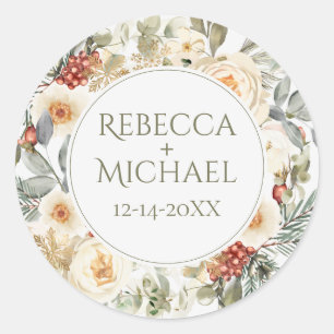 Elegante Winterblumen Hochzeit personalisiert Runder Aufkleber