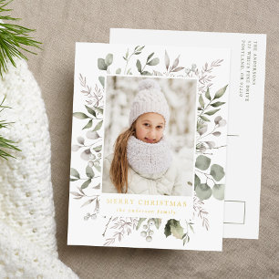 Elegante Winterfoliage- und Schneebeeren-Foto Folien Feiertagspostkarte