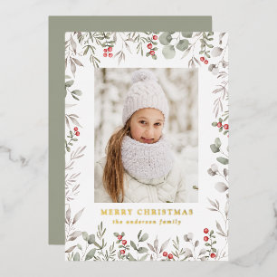 Elegante Winterfoliage- und Stechpalmenbeeren-Foto Folien Feiertagskarte
