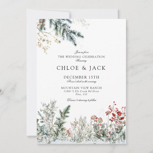 Elegante Wintergrüne Hochzeit Einladung (Vorderseite)