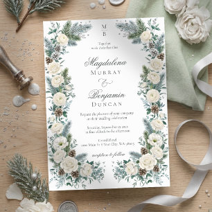 Elegante Wintergrüne Weiße Florale Hochzeit Einladung