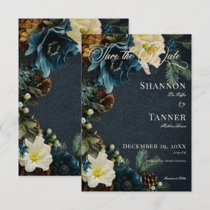 Elegante Winterhochzeit in Blautönen mit floralem Save The Date