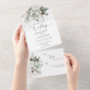Elegante winterliche festliche immergrüne Hochzeit All In One Einladung