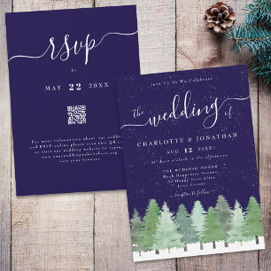 Elegante Winterwald Hochzeit Navy Blau QR Code Einladung