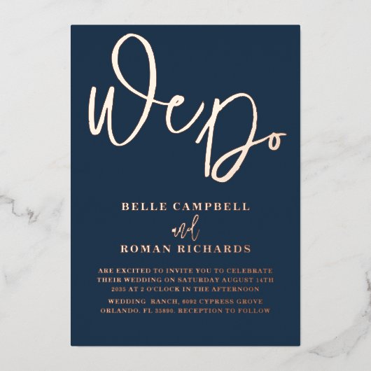 Elegante Wir machen Rose Gold & Blue Wedding Folieneinladung (Vorderseite)