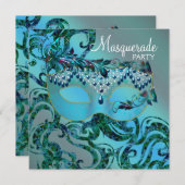 Elegante Wirbel Aquamarin Blue Masquerade Party Einladung (Vorne/Hinten)