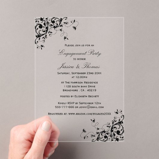 Elegante Wirbel Black & White Engagement Party Acryleinladungen (Insitu (Handheld))