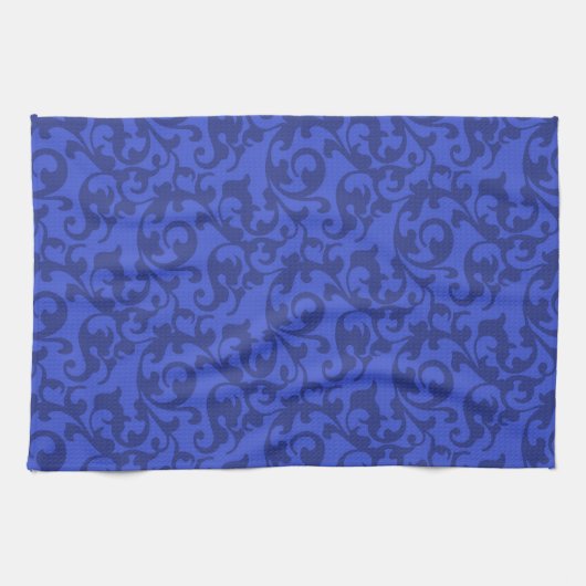 Elegante Wirbel der blauen Renaissance Damask Geschirrtuch (Horizontal)