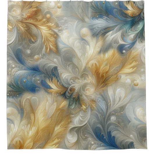 Elegante Wirbel in Gold, Silber, Blau, Gelb Duschvorhang (Vorderseite)