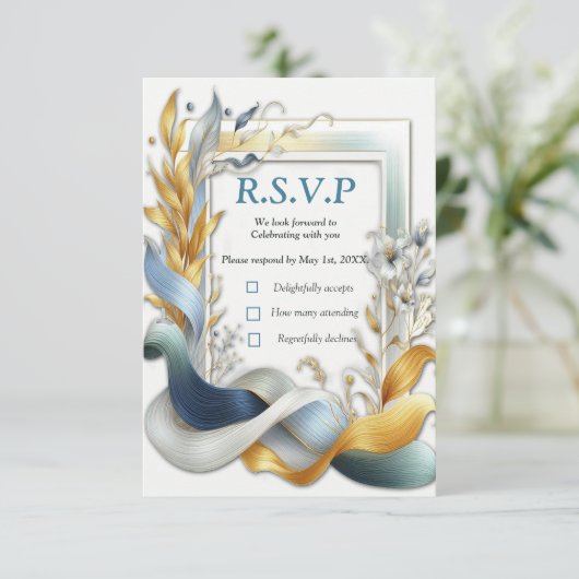 Elegante Wirbel in Gold, Silber, Blau, Gelb RSVP Karte (Stehend Vorderseite)