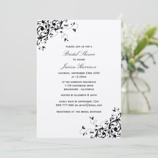 Elegante Wirbel Schwarz-Weiß-Brautparty Einladung (Stehend Vorderseite)