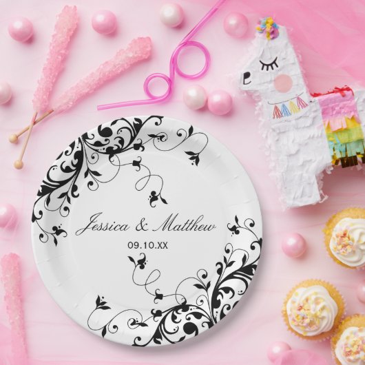 Elegante Wirbel Schwarz-Weiß-Hochzeit Pappteller (Party)