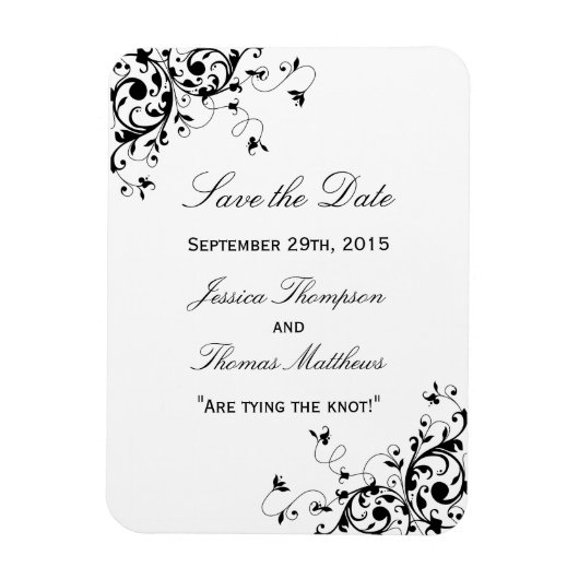 Elegante Wirbel Schwarz-Weiß-Hochzeit speichern da Magnet (Vertikal)
