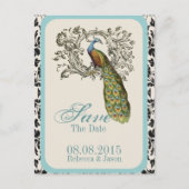 elegante Wirbel Vintage Pfauenhochzeit Ankündigungspostkarte (Vorderseite)
