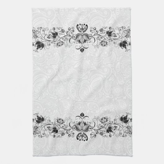 Elegante Wirbel Vintage Spitze auf weißen Damasken Küchentuch (Vertikal)