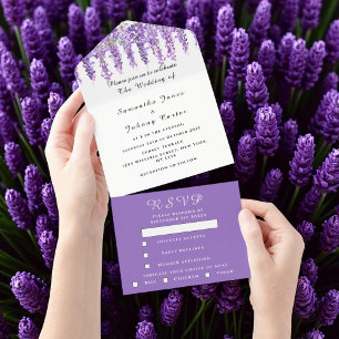 Elegante Wisteria-Aquarell-Lila Flieder-Hochzeit All In One Einladung