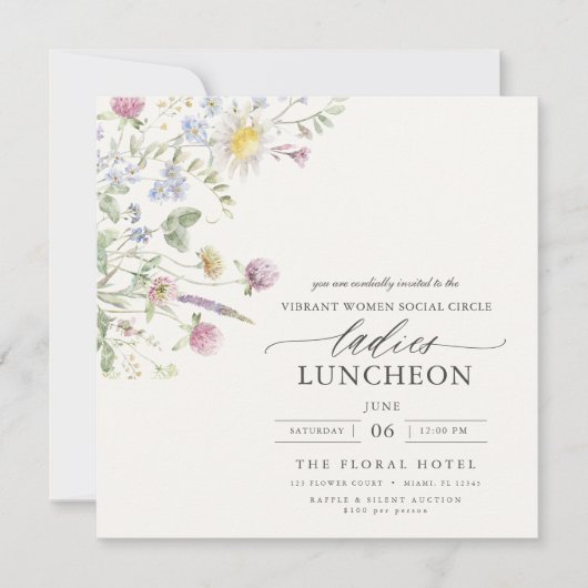 Elegante Wohltätigkeit Mittag- und Wildblumen Einladung (Vorderseite)