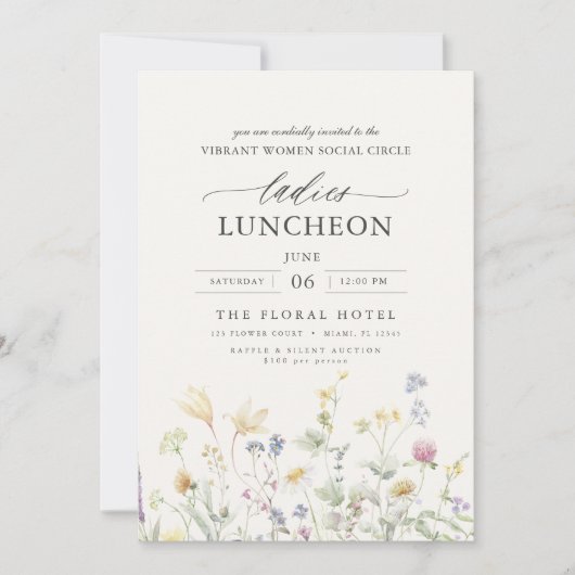 Elegante Wohltätigkeit Mittag- und Wildblumen Einladung (Vorderseite)