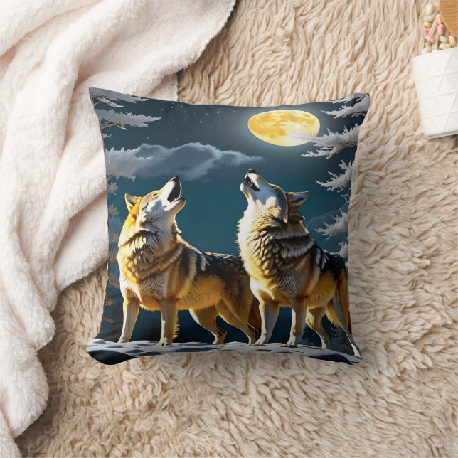 Elegante Wolves Howling unter einem Vollmond Kissen (Decke)