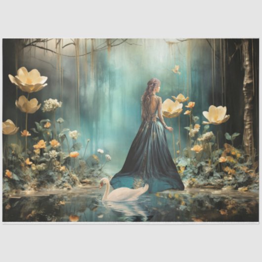 Elegante Woman Portrait Floral Misty Forest Lake Seidenpapier (Vorderseite)