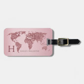 Elegante World Map Rose Gold Glitzer Monogram Name Gepäckanhänger (Vorderseite horizontal)