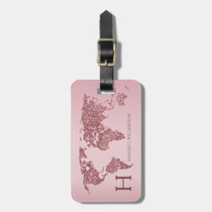 Elegante World Map Rose Gold Glitzer Monogram Name Gepäckanhänger