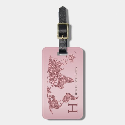 Elegante World Map Rose Gold Glitzer Monogram Name Gepäckanhänger (Vorderseite vertikal)