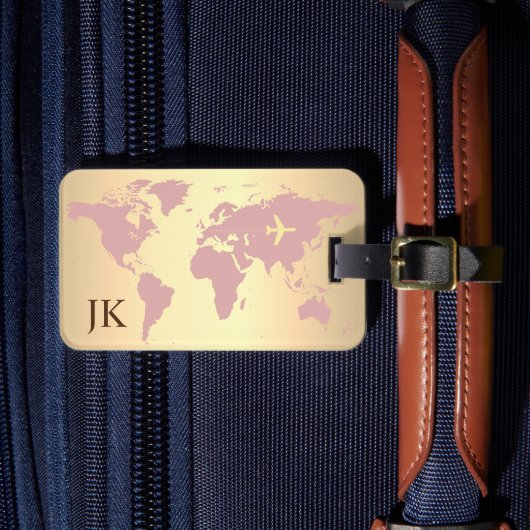 Elegante World Traveller Map Mit Monogramm Name Gepäckanhänger (Vorderseite Insitu 4)