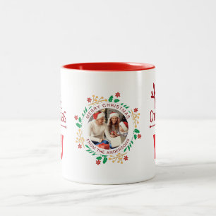 Elegante Wreath Christmas Foto Family Monogram Zweifarbige Tasse