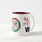 Elegante Wreath Christmas Foto Family Monogram Zweifarbige Tasse (VorderseiteRechts)