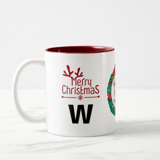 Elegante Wreath Christmas Foto Family Monogram Zweifarbige Tasse (Links)