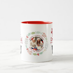 Elegante Wreath Christmas Foto Family Monogram Zweifarbige Tasse