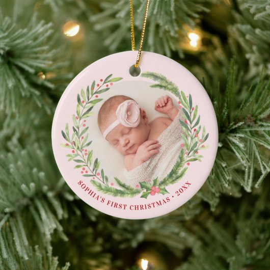 Elegante Wreath First Christmas Foto Pink Keramik Ornament (Baum)