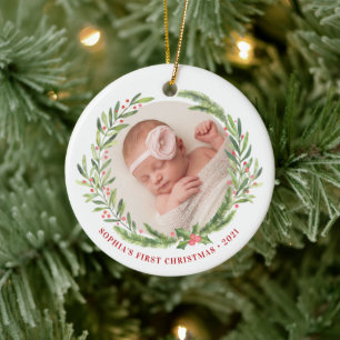 Elegante Wreath First Christmas Foto White Keramik Ornament