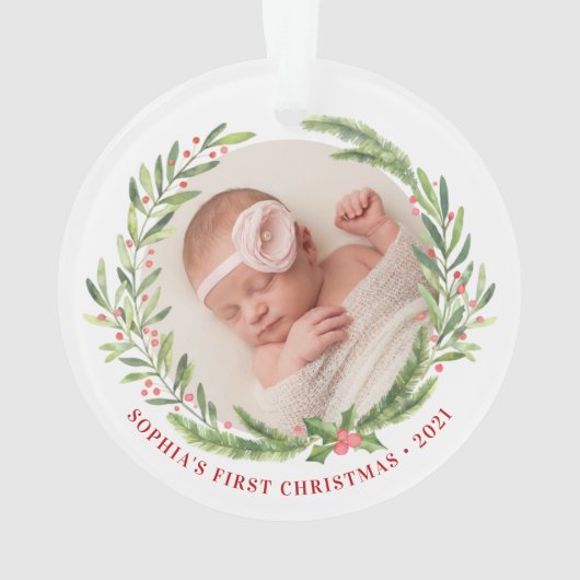 Elegante Wreath First Christmas Foto White Ornament (Rückseite)