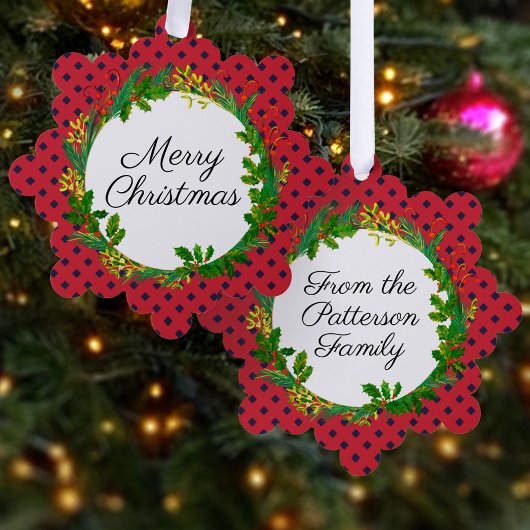 Elegante Wreath Modern Red Add Name Weihnachten Ornament Karte