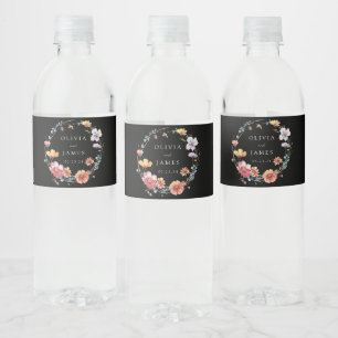 Elegante wundervolle schwarze Wildblumen-Hochzeit Wasserflaschenetikett