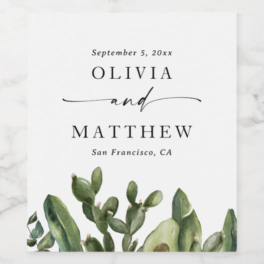 Elegante Wüstenhochzeit. Aquarellkaktus und Skript Weinetikett (Einzelnes Label)